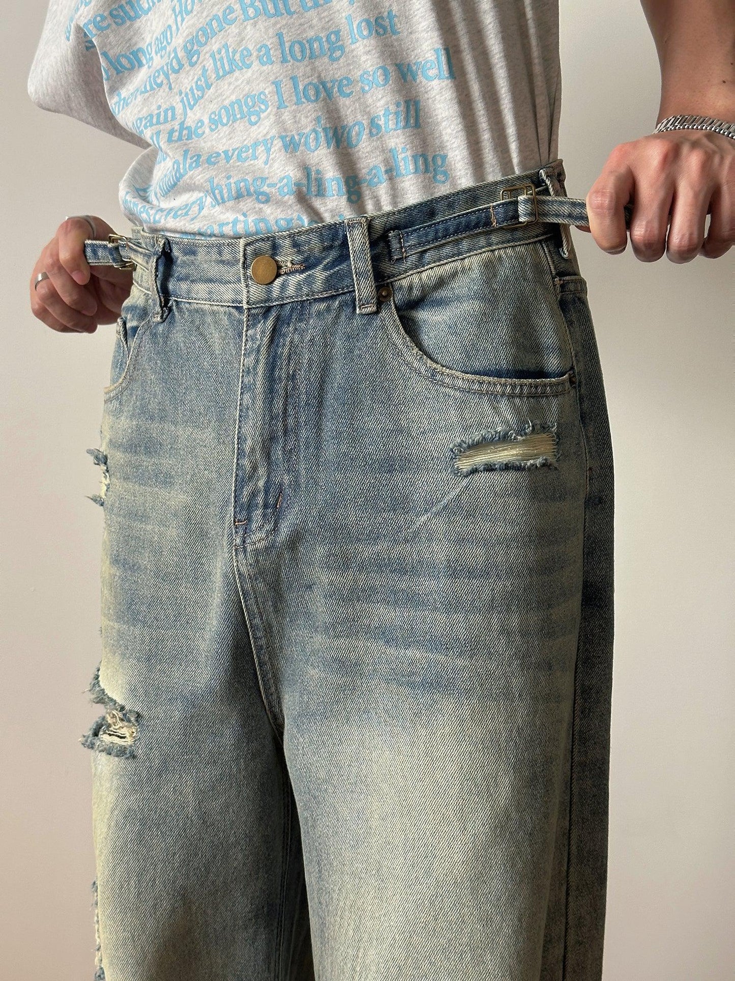 Damage Wide-leg Denim Jeans WN1831