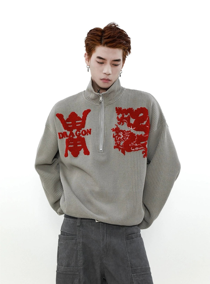 Dragon Design Half Zip High-Neck Knit Sweater WN4090