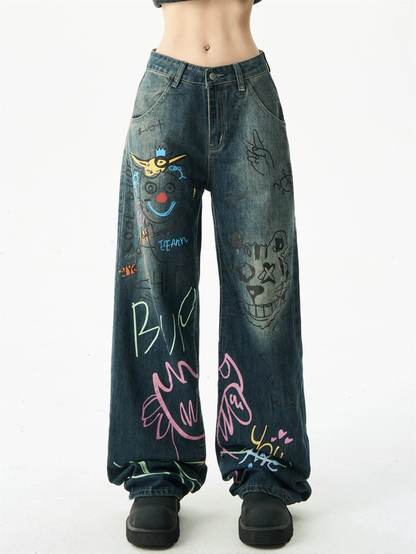 Graffiti Print Denim Jeans WN4221