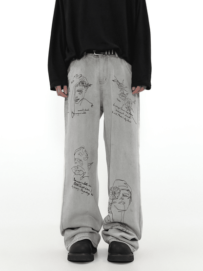 Graffiti Retro Straight Leg Denim Jeans WN3977
