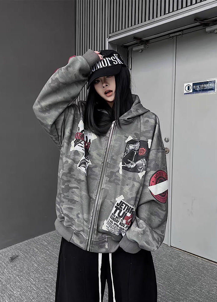 Oversize Camoflage Zipper Hooide WN23930-K