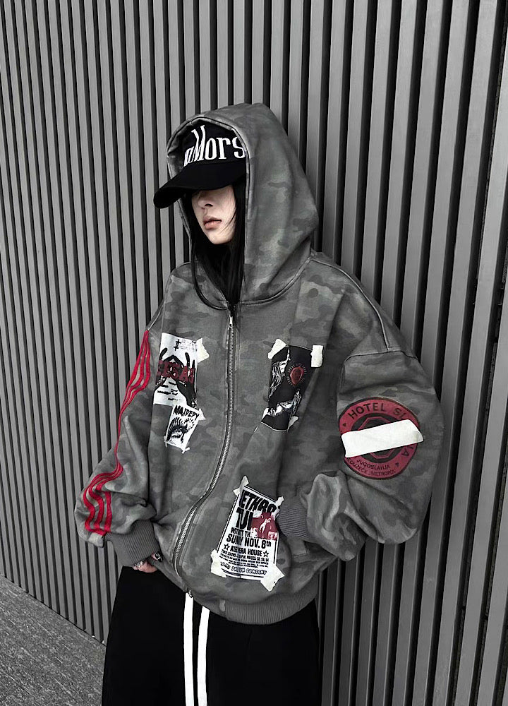 Oversize Camoflage Zipper Hooide WN23930-K