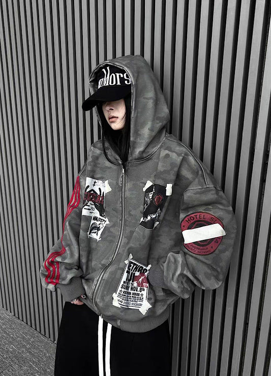 Oversize Camoflage Zipper Hooide WN23930-K