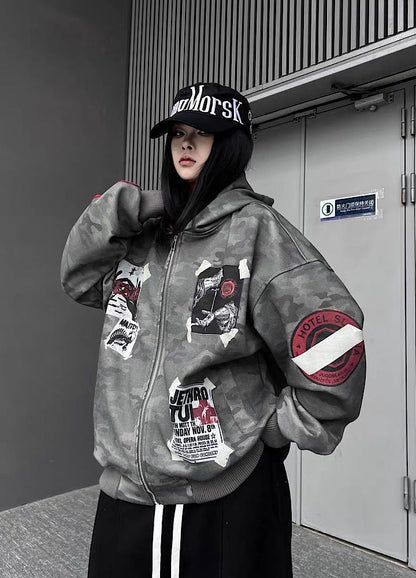 Oversize Camoflage Zipper Hooide WN23930-K