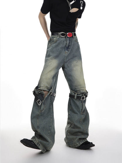 Knee Belted Zipper Design Denim Jeans WN3024
