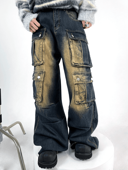 Large Pocket Loose Straight Leg Denim Jeans WN3871