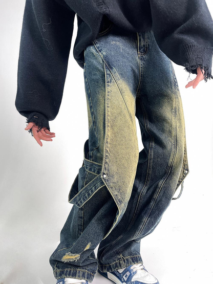 Layered Design Wide-leg Damage Denim Jeans WN3326