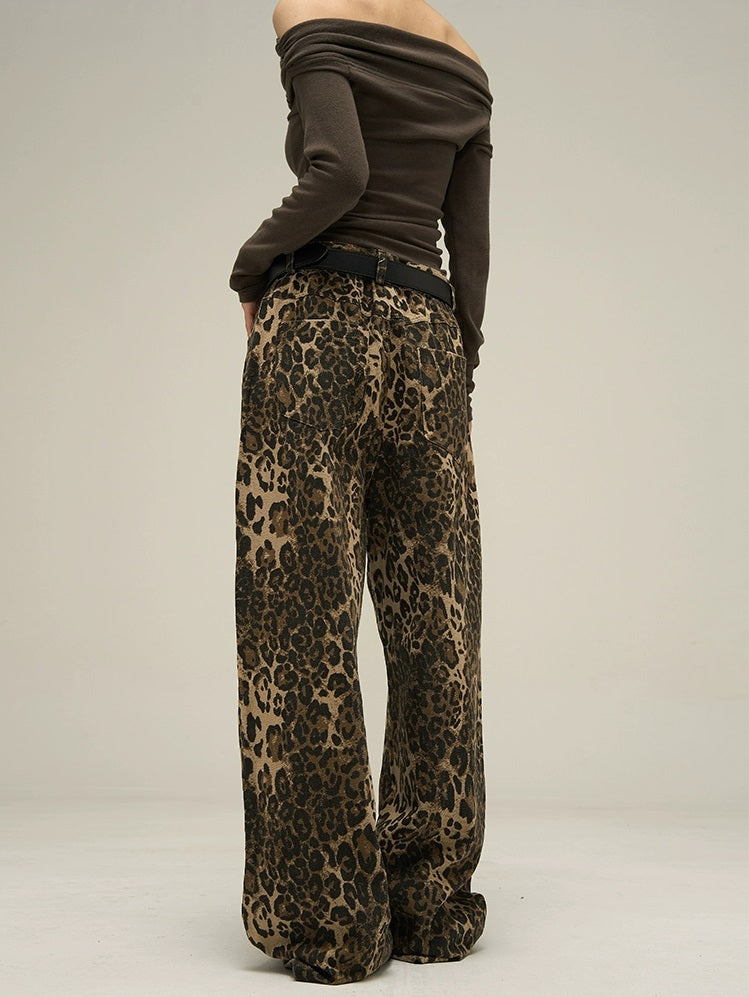 Men's Leopard Print Denim Pants Casual Street Style Baggy - Temu