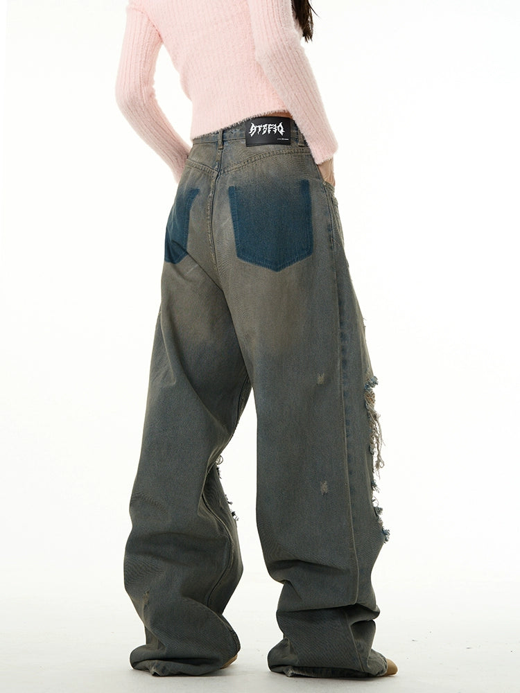 Loose Straight Damage Denim Jeans WN4504