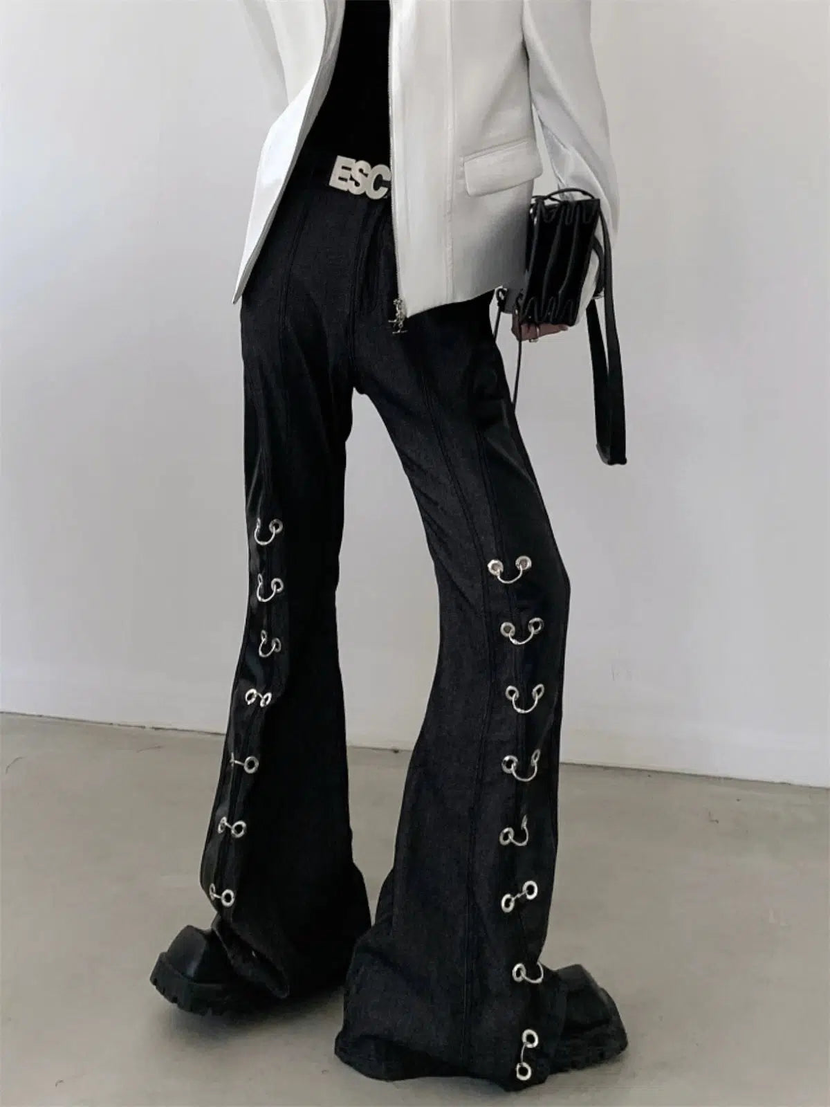 Metal Buckle PU Leather Mix Trousers WN2708