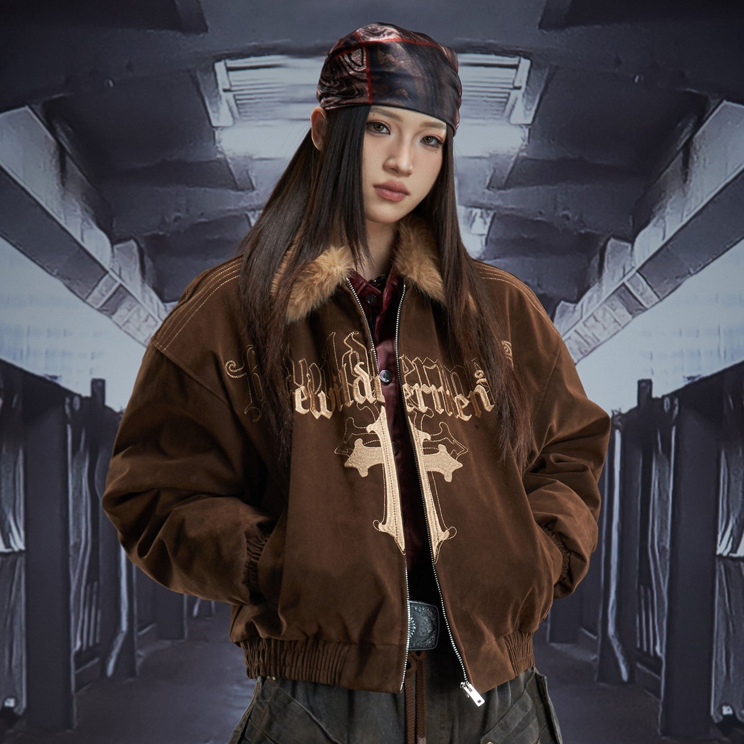 Cross Embroidery Fur Collar Oversize Padded Jacket WN22853