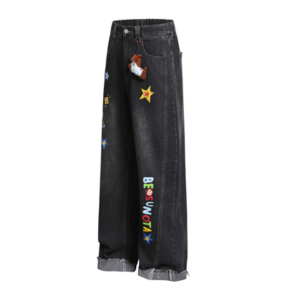 Cartoon Embroidery Wide Leg Denim Jeans WN26969