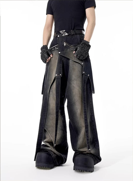 Studs Damage Wide-leg Denim Jeans WN14816