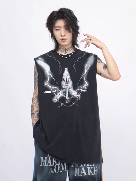 Oversize Graffiti Print Washed Sleeveless T-shirt WN6561