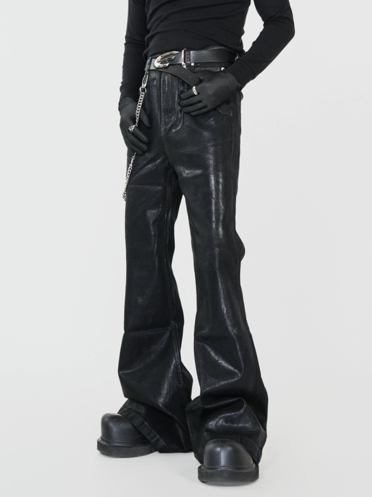 Waxed Coated Stretch Flare Denim Jeans WN17356