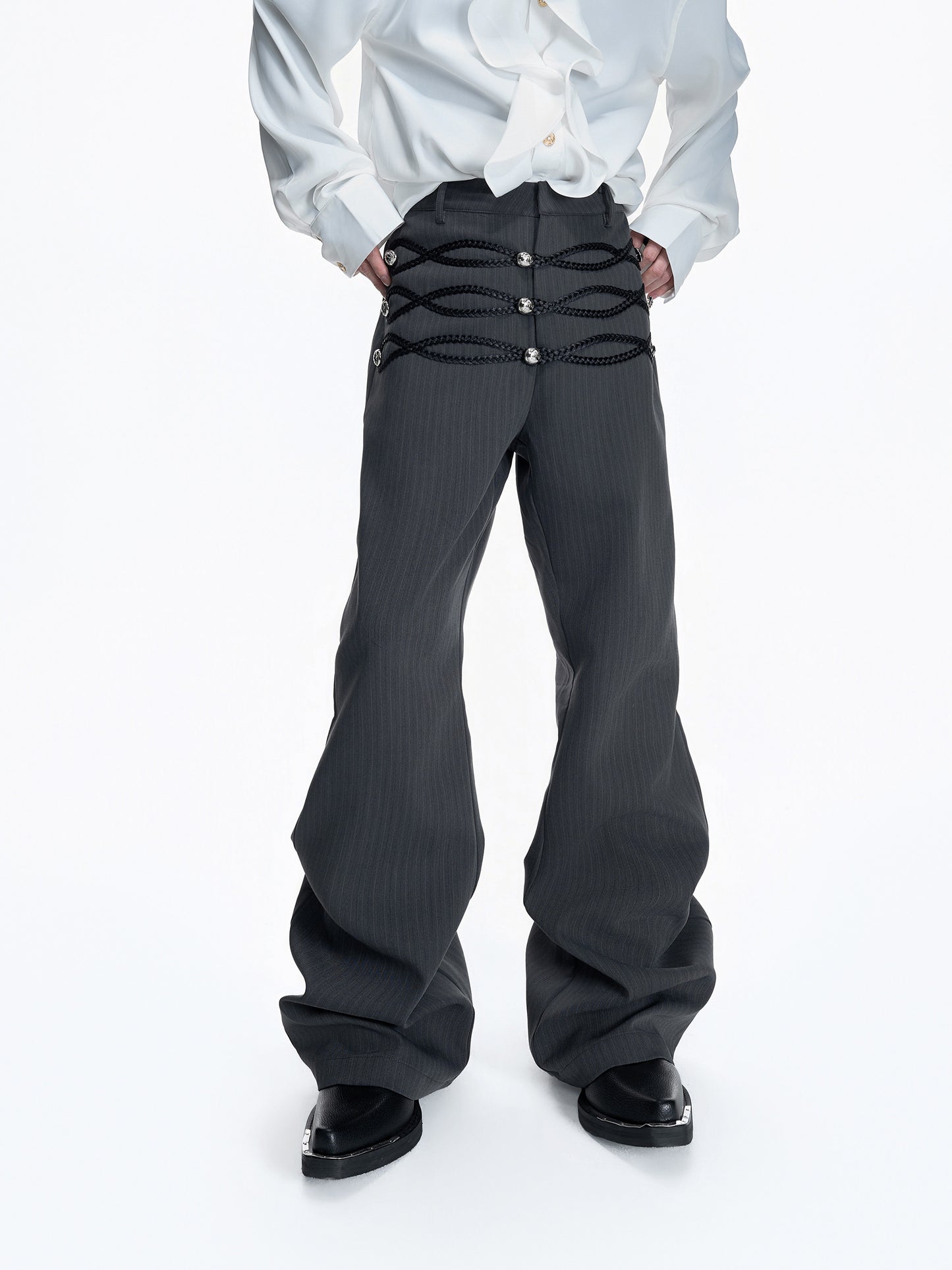 Leather Weave Metal Button Stripe Flare Trousers WN23556