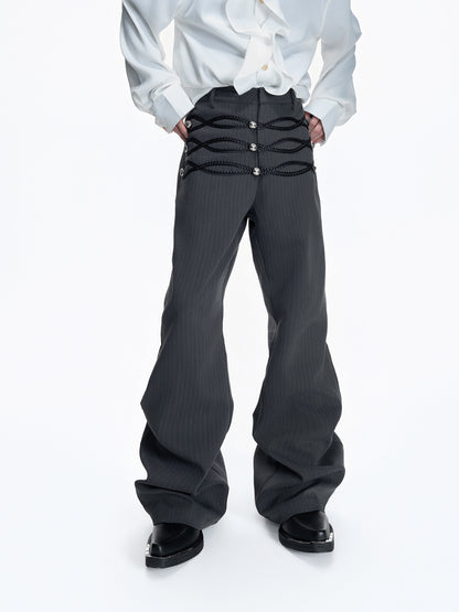Leather Weave Metal Button Stripe Flare Trousers WN23556