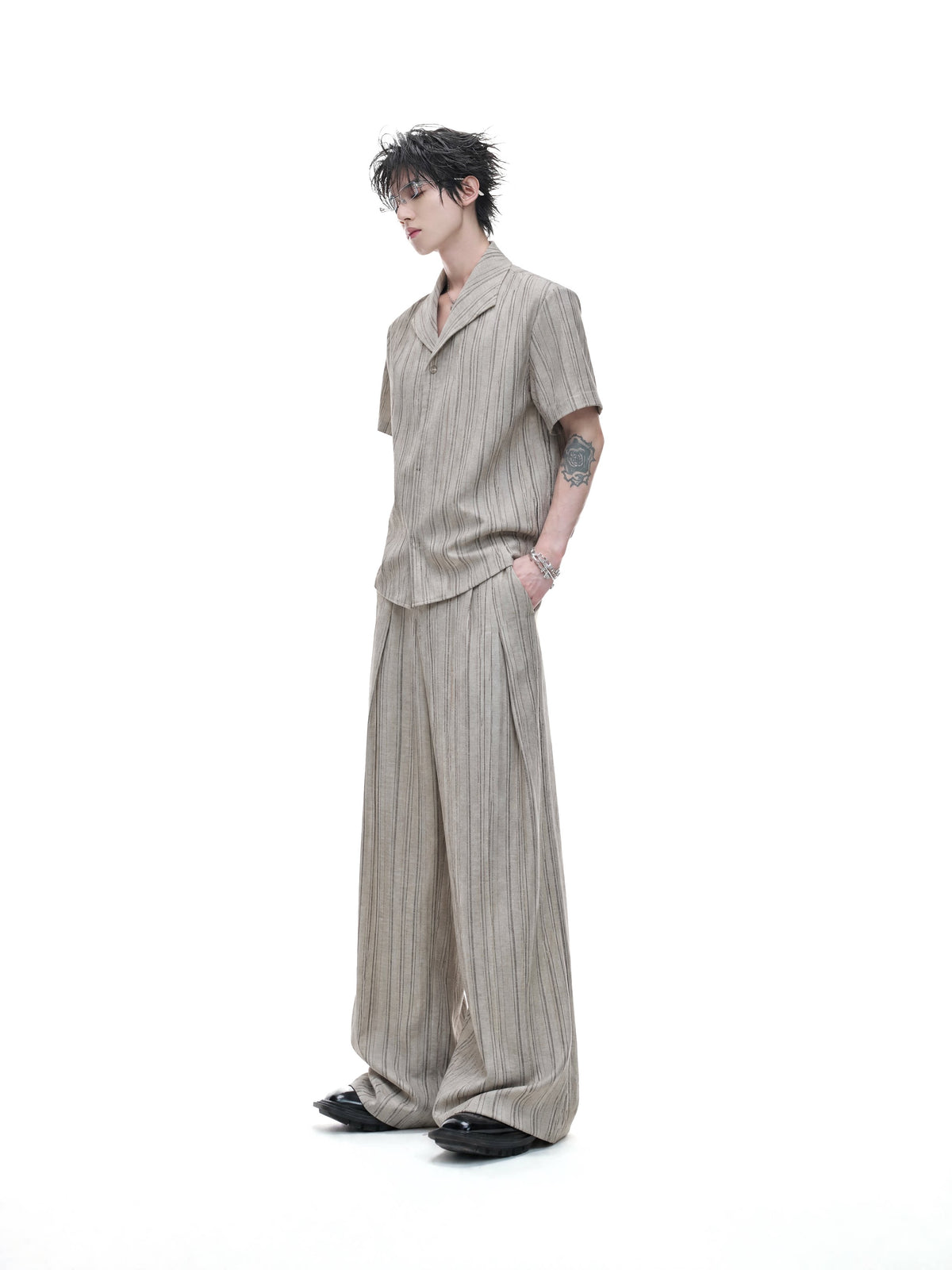 Cuban-Collar Stripe Short Sleeve Shirt & Wide Leg Pants Setup WN27022