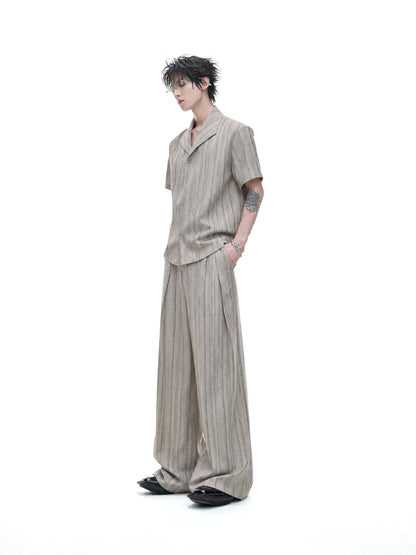 Cuban-Collar Stripe Short Sleeve Shirt & Wide Leg Pants Setup WN27022