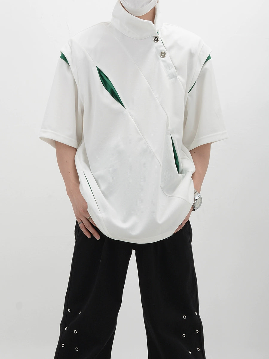 Standing-collar Shoulder Pad Short Sleeve Shirt WN6108