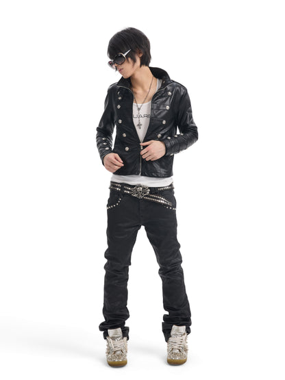 Studs Detail Washed Straight Denim Jeans WN27248