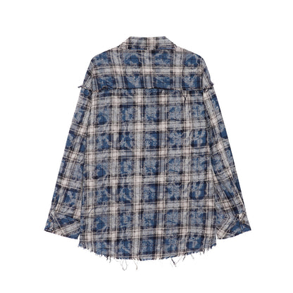 Plaid Washed Fringe Long Sleeve Shirt WN25379