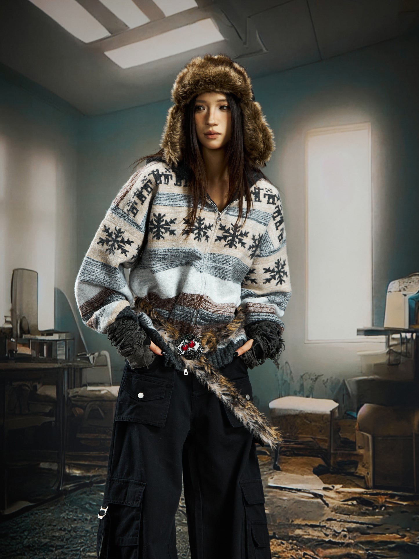 nowflake Contrast Hooded Zipper Knit Cardigan WN22750