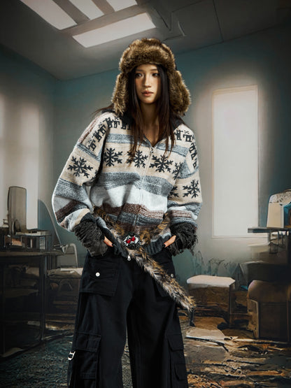 nowflake Contrast Hooded Zipper Knit Cardigan WN22750