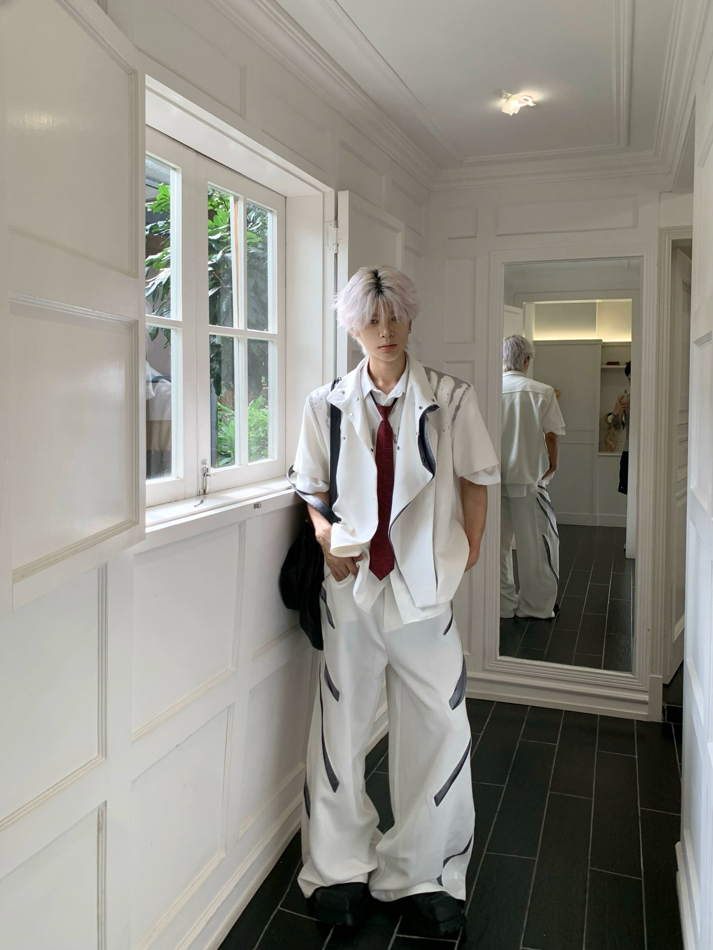 Paint Deconstructed Metal Short Sleeve Jacket & Paint Wide Leg Pants Setup WN19756