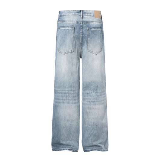 Damage Whisker Washed Wide Leg Denim Jeans WN25948