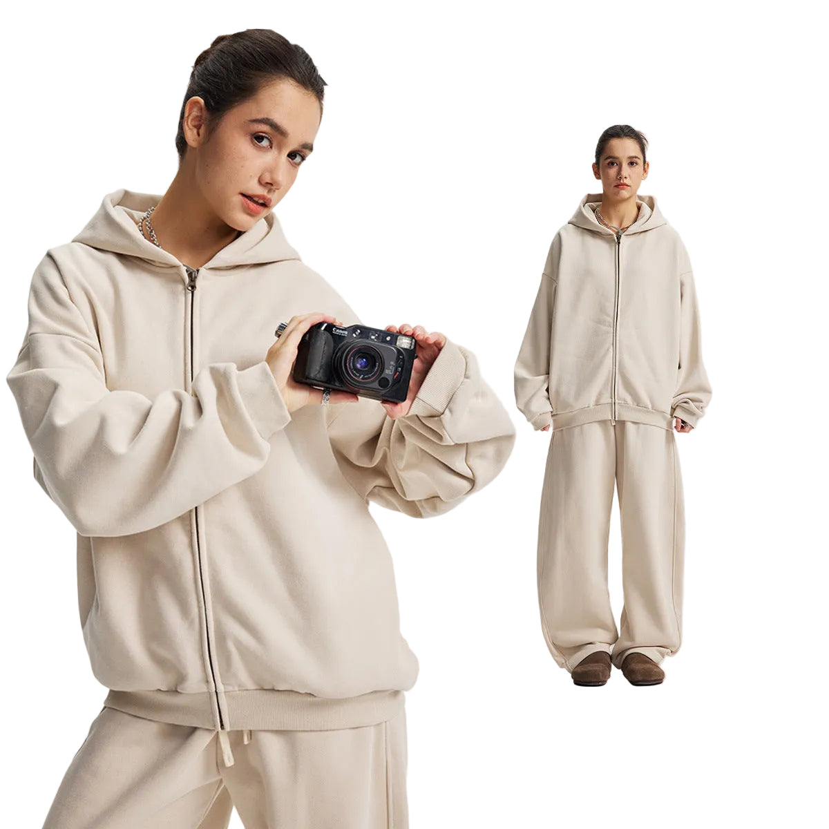 Fleece Lining Side Pocket Zipper Hoodie & Fleece Lining Wide Leg Sweatpants Setup WN23114