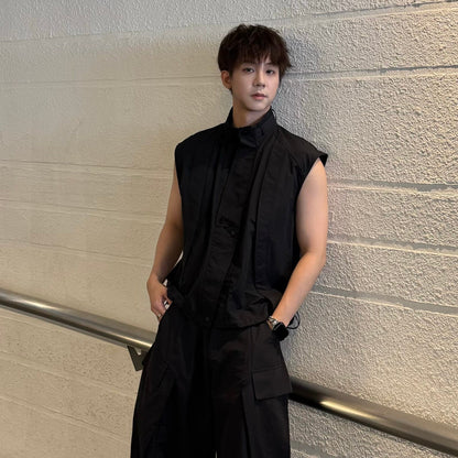 Standing-Collar Sleeveless Multi-Pocket Jacket & Multi-Pocket Wide Leg Cargo Pants Setup WN25236