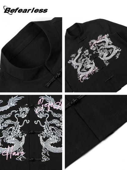 Frog-Button Color-Block Print Mandarin-Collar Oversize Long Sleeve Shirt WN26334