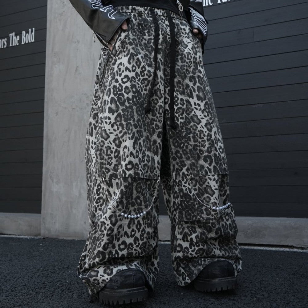 Leopard Studs Chain Detail Wide Leg Cargo Pants WN28012