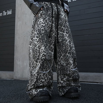 Leopard Studs Chain Detail Wide Leg Cargo Pants WN28012