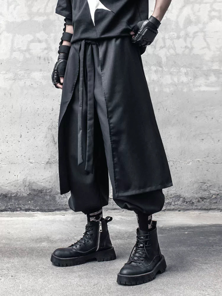 Fake Layered Ribbon Strap Cropped Wide Leg Pants WN22489