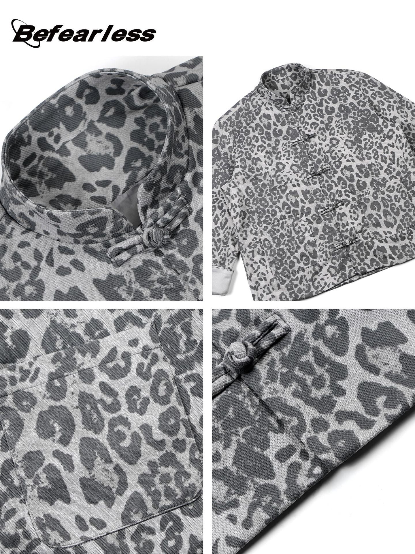 Leopard Print Frog Button Stand Neck Oversize Jacket WN26296