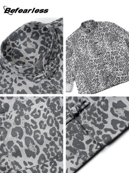 Leopard Print Frog Button Stand Neck Oversize Jacket WN26296