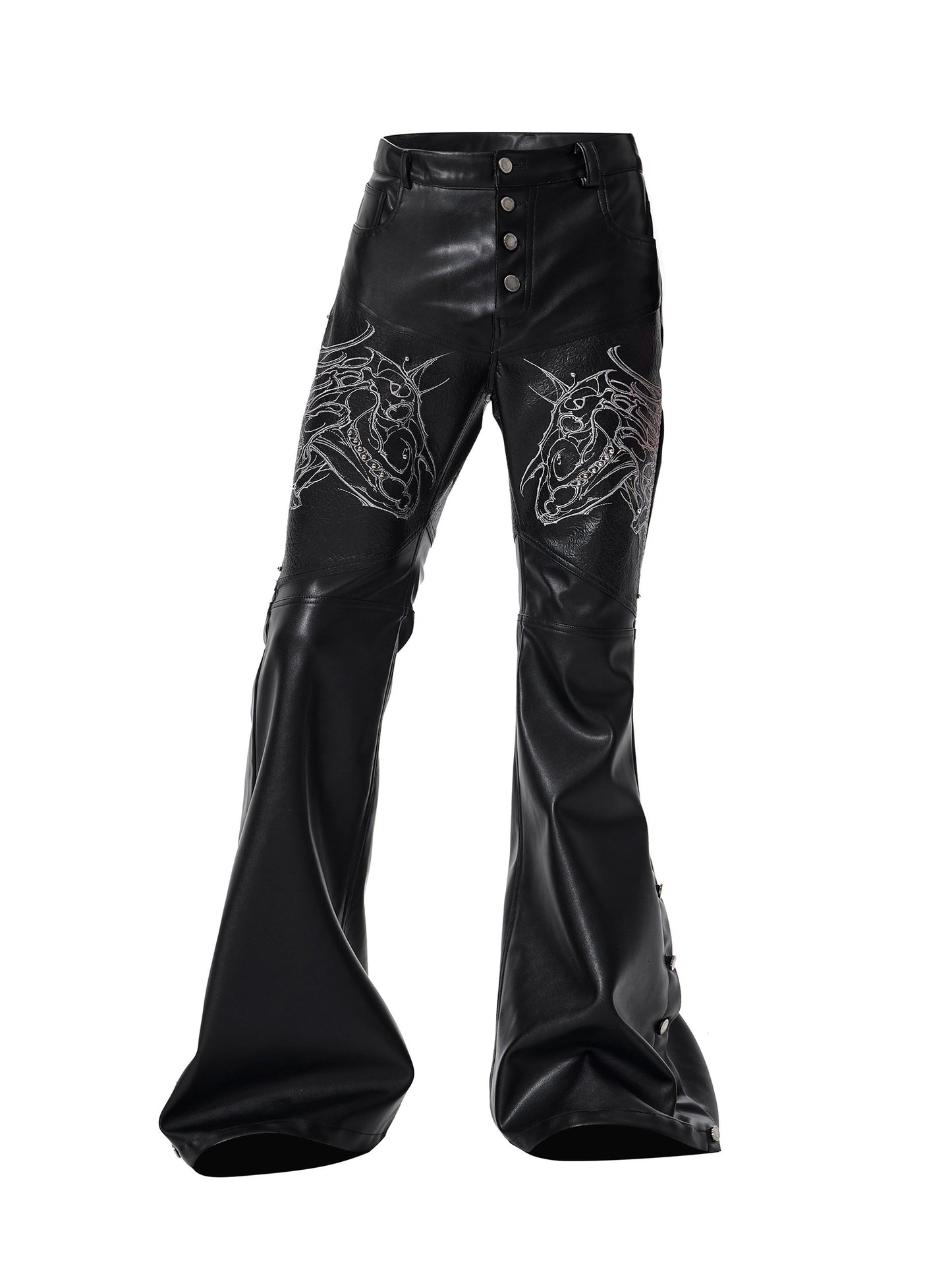 Horse Head Embroidery Flare Button Slit PU Leather Pants WN23287