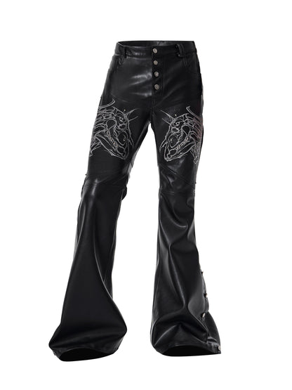 Horse Head Embroidery Flare Button Slit PU Leather Pants WN23287