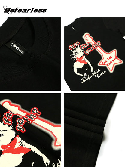 Rock Guitar Print Oversize Short Sleeve T-Shirt WN26350