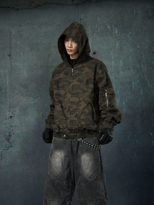 Washed Camouflage Hooded Zipper Jacket WN13631