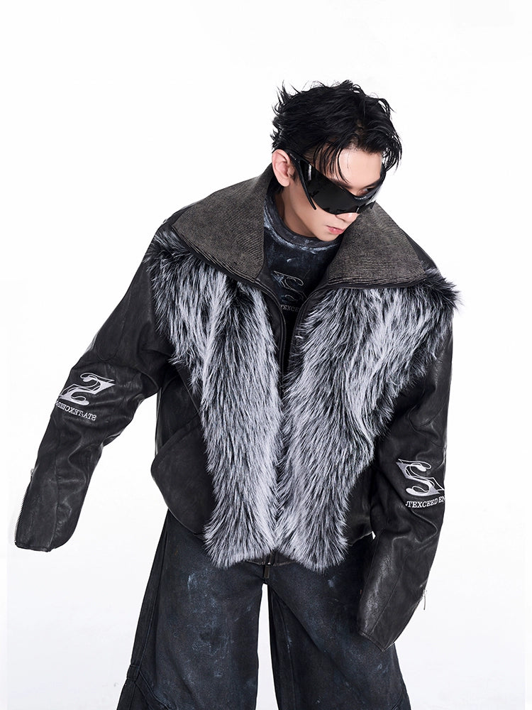 PU Leather And Fur Panel High-Neck Jacket WN10219