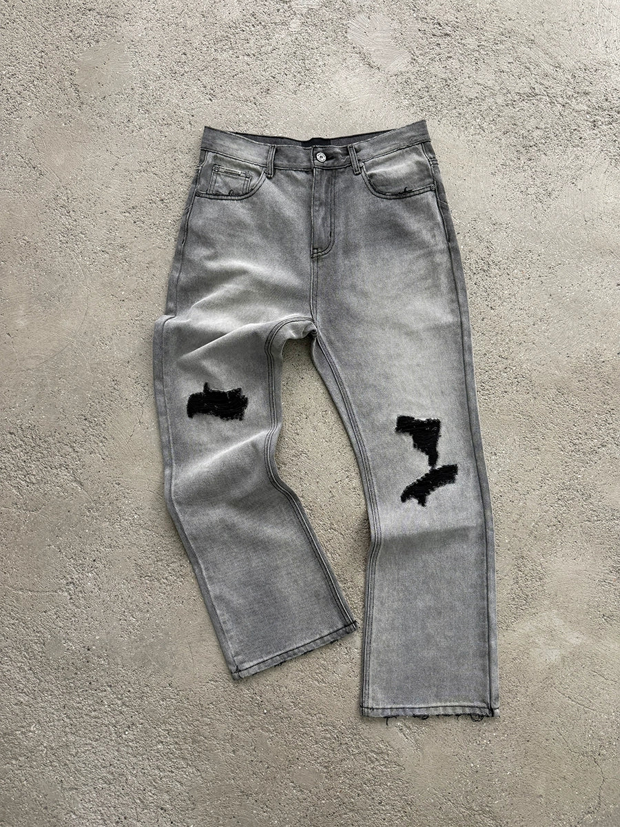 Washed Damage Micro Flare Design Denim Jeans WN17651