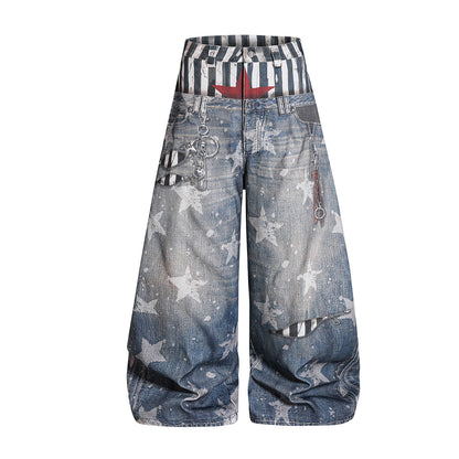 Star Print Fake Layered Curved Wide Leg Denim Jeans WN25728