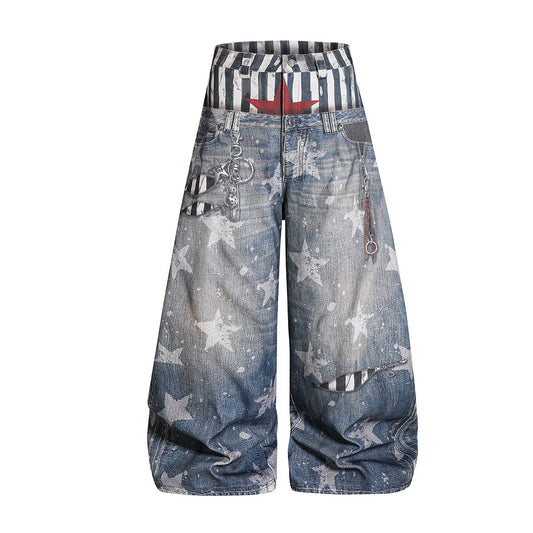 Star Print Fake Layered Curved Wide Leg Denim Jeans WN25728