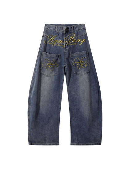 Washed Curved Embroidery Wide Leg Denim Jeans WN24206