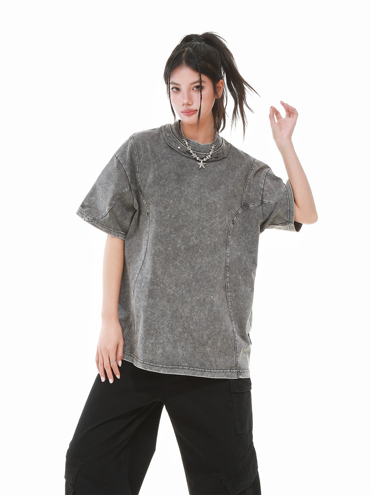 Heavy Washed Fade Stitching Short Sleeve T-Shirt WN25671