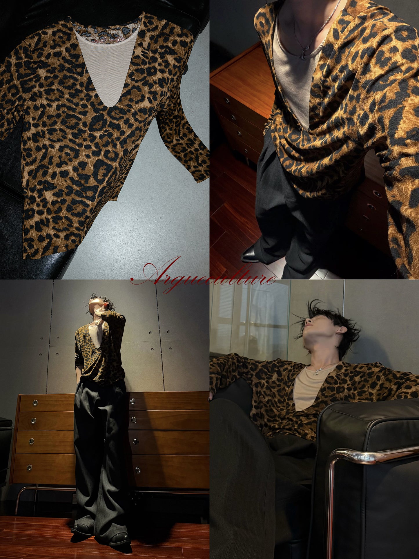 Leopard Print Deep V-Neck Fake Layered Stretch Long Sleeve T-Shirt WN27043