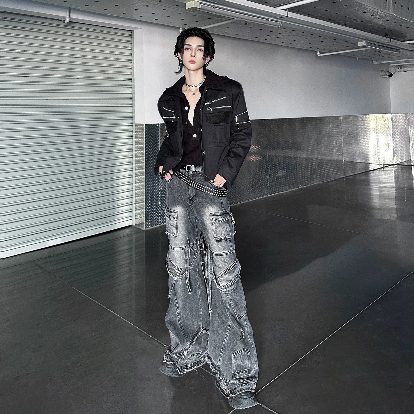 WN25128 Yang Yifan trendy brand belt men's belt jeans belt young man Korean version of men's rivet metal punch new WN25128